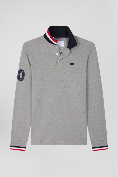 Regular grey long-sleeved cotton piqué polo shirt with XV de France embroidery - Image 2