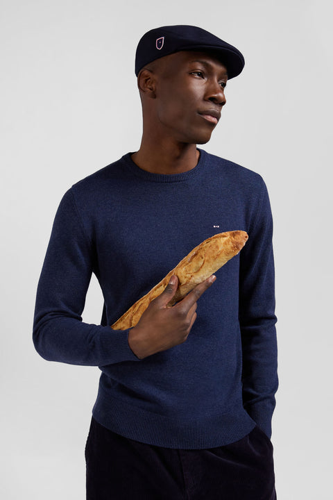 Regular dark blue wool and cotton crew neck jumper - Image 3
