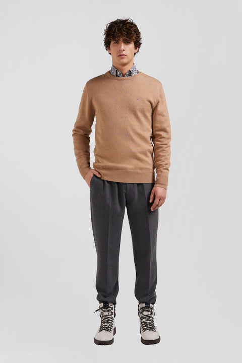 Regular camel wool and cotton crew neck jumper - Image 1