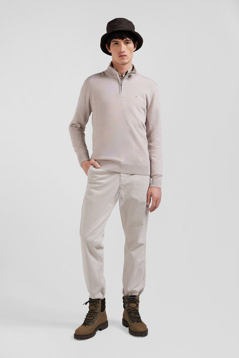 Regular beige semi-zipped wool and cotton jumper - Image 1