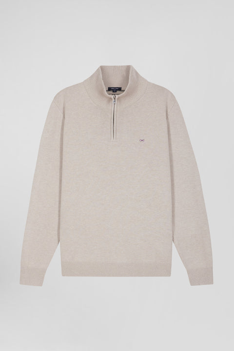 Regular beige semi-zipped wool and cotton jumper - Image 2
