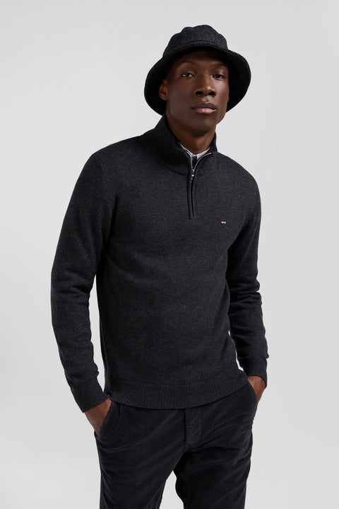 Regular anthracite grey semi-zipped wool and cotton jumper - Image 3