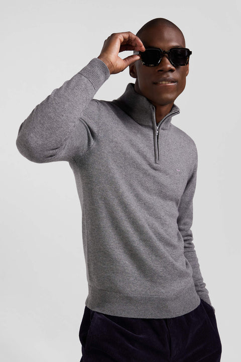 Pull col camionneur zippé en laine et coton gris clair coupe Regular - Image 3