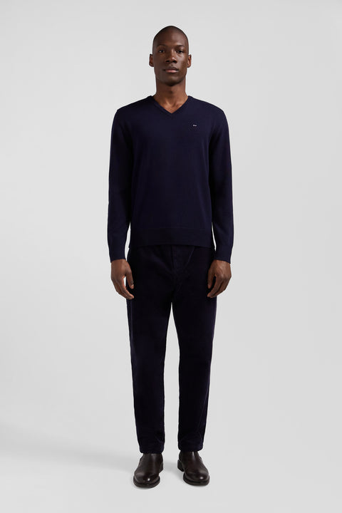 Regular navy wool and cotton V-neck jumper with striped details - Image 1