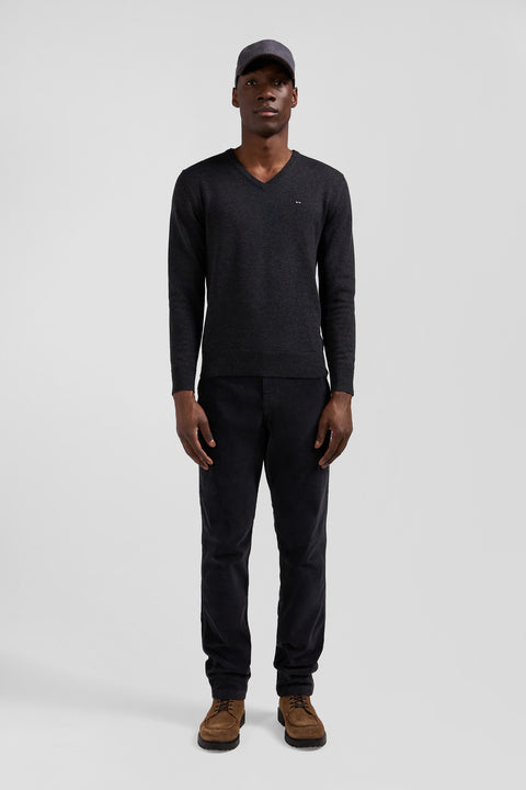 Regular anthracite grey wool and cotton V-neck jumper with striped details - Image 1