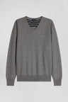 Regular grey wool and cotton V-neck jumper with striped details
