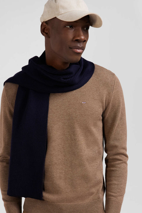 Regular camel wool and cotton V-neck jumper with striped details - Image 3
