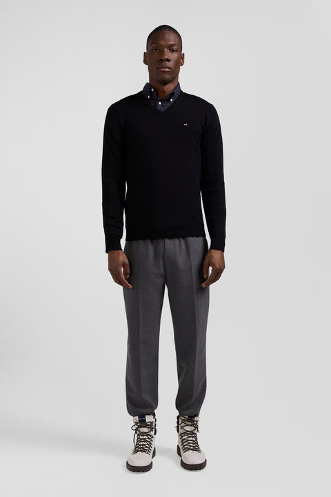 Regular black wool and cotton V-neck jumper with striped details - Image 1