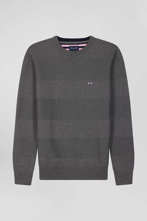 Regular grey cotton crew neck jumper with knit patterns - Image 2