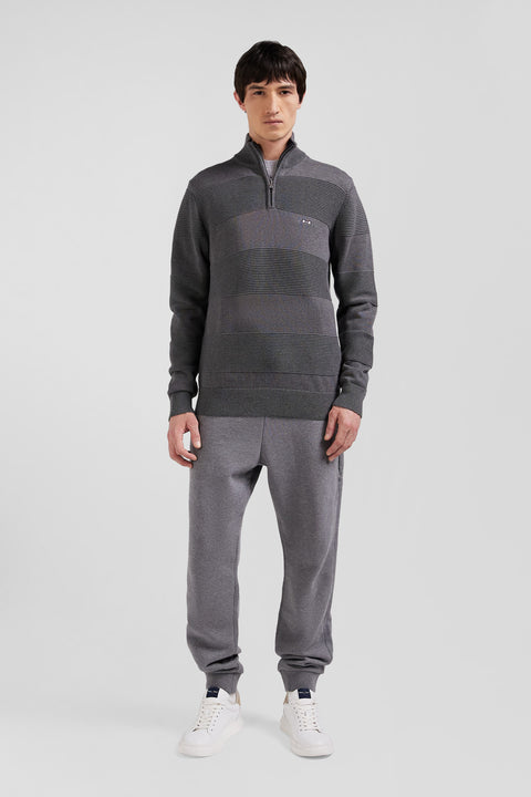 Grey cotton half-zip jumper with knit details Regular fit - Image 1