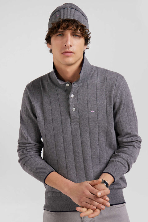 Regular grey cotton and cashmere jumper with rugby shirt collar - Image 3
