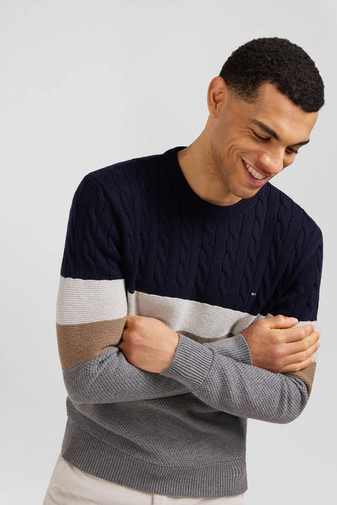 Regular grey wool and cotton crew neck jumper with knit patterns - Image 3