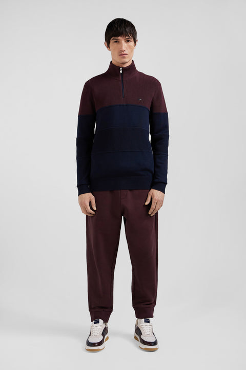 Regular burgundy cotton semi-zipped jumper with knit patterns - Image 1