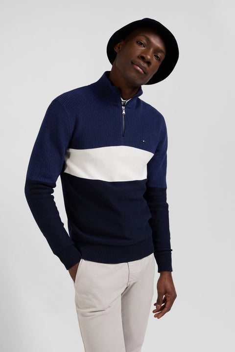 Regular dark blue semi-zipped cotton jumper with knit patterns - Image 3