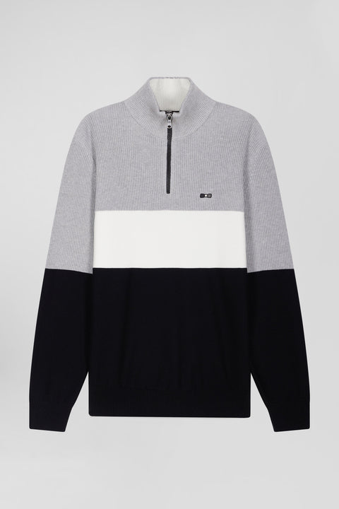 Regular grey semi-zipped cotton jumper with knit patterns - Image 2