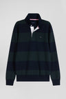 Regular green striped cotton jersey jumper with houndstooth jacquard and and rugby shirt collar