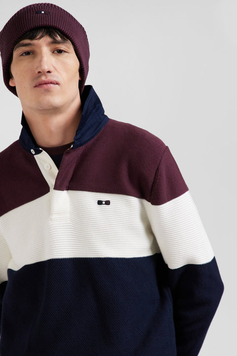 Regular burgundy wool and cotton jumper with knit patterns and rugby shirt collar - Image 3