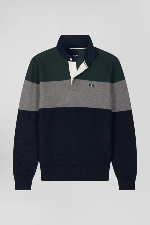 Regular green wool and cotton jumper with knit patterns and rugby shirt collar - Image 2