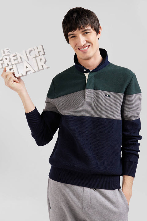 Regular green wool and cotton jumper with knit patterns and rugby shirt collar - Image 3