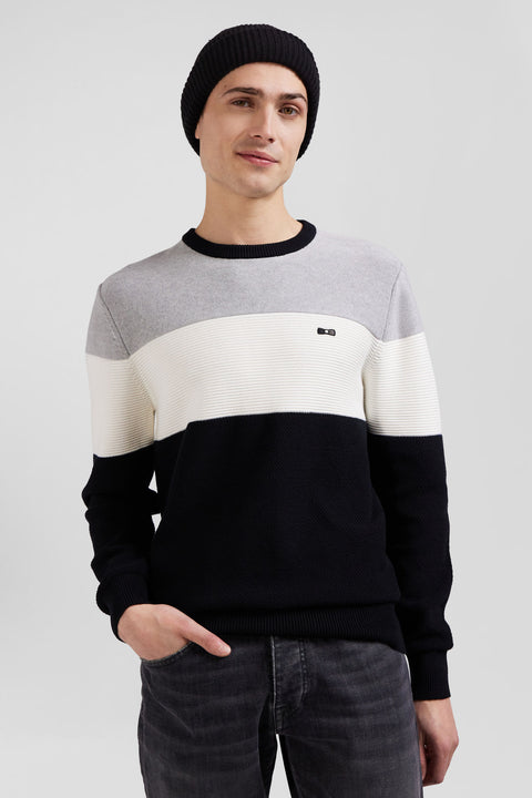 Regular grey and white cotton crew neck jumper with knit patterns - Image 3