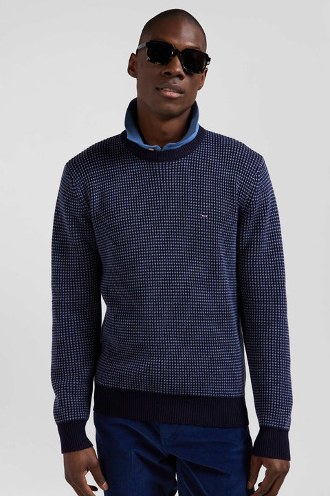 Regular navy wool and cotton crew neck jumper - Image 3