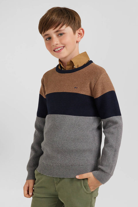 Three-tone round-neck sweater in hazelnut cotton, regular fit - Image 3