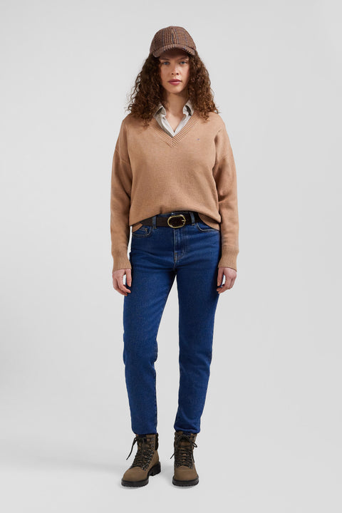 Pull col V en laine et coton camel coupe Relaxed - Image 1