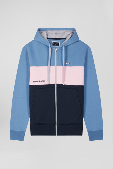 Regular blue colorblock zipped cotton hoodie - Image 2