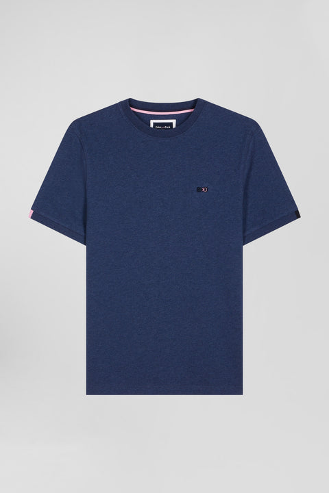 Regular blue short-sleeved cotton T-shirt with emblem embroidery - Image 2