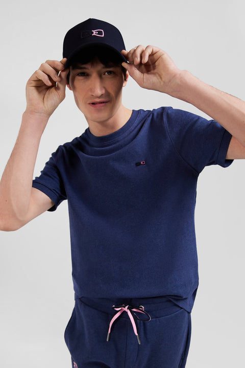 Regular blue short-sleeved cotton T-shirt with emblem embroidery - Image 3