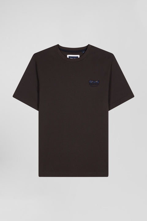 Regular brown short-sleeved cotton T-shirt with tie patchwork emblem - Image 2