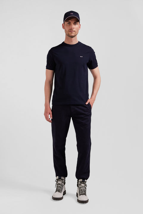 Regular navy short-sleeved cotton T-shirt with back emblem embroidery - Image 1