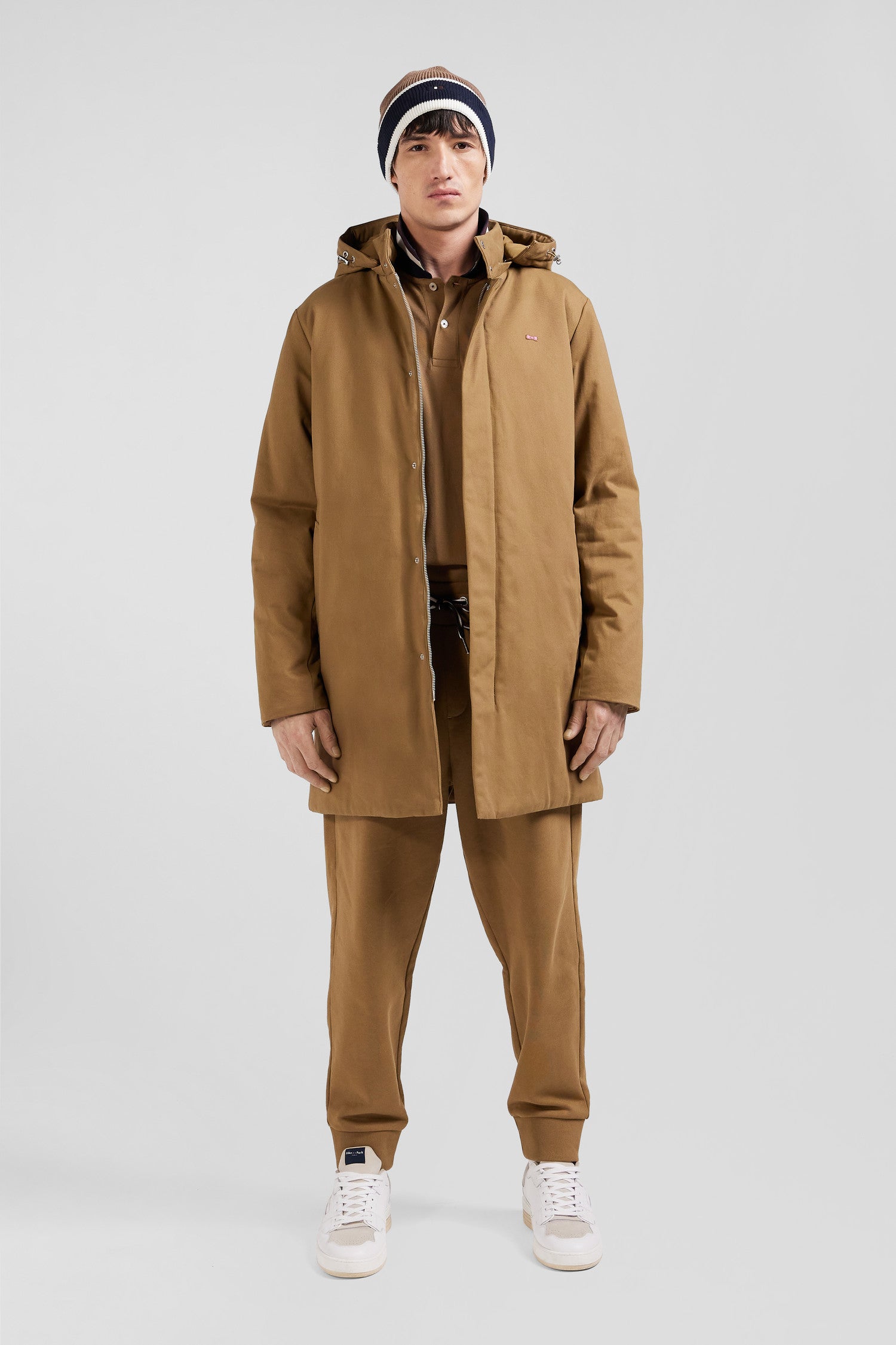 Parka a capuche en gabardine de coton camel