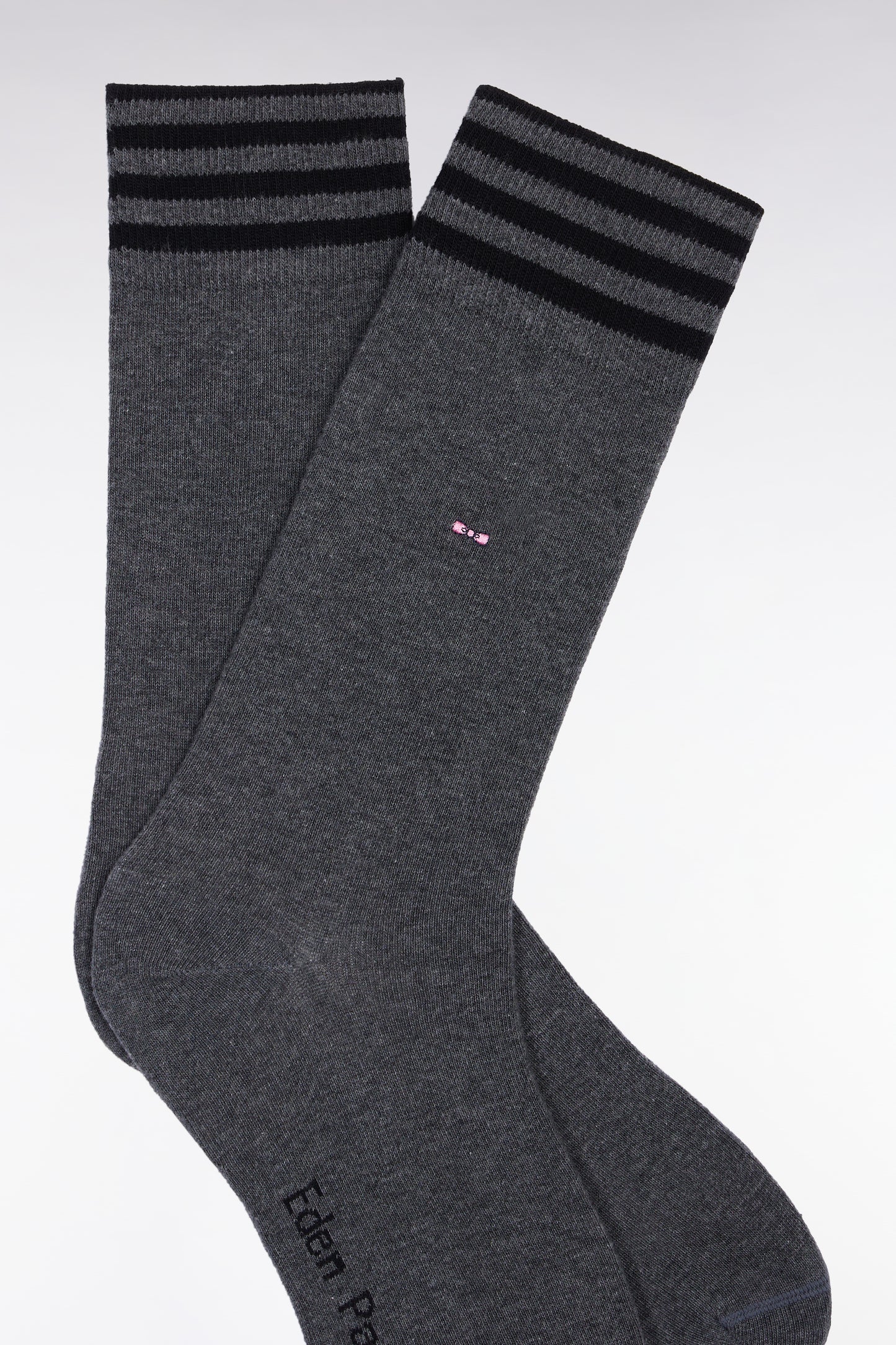 Chaussettes en coton stretch mélangée grises à bordures rayées