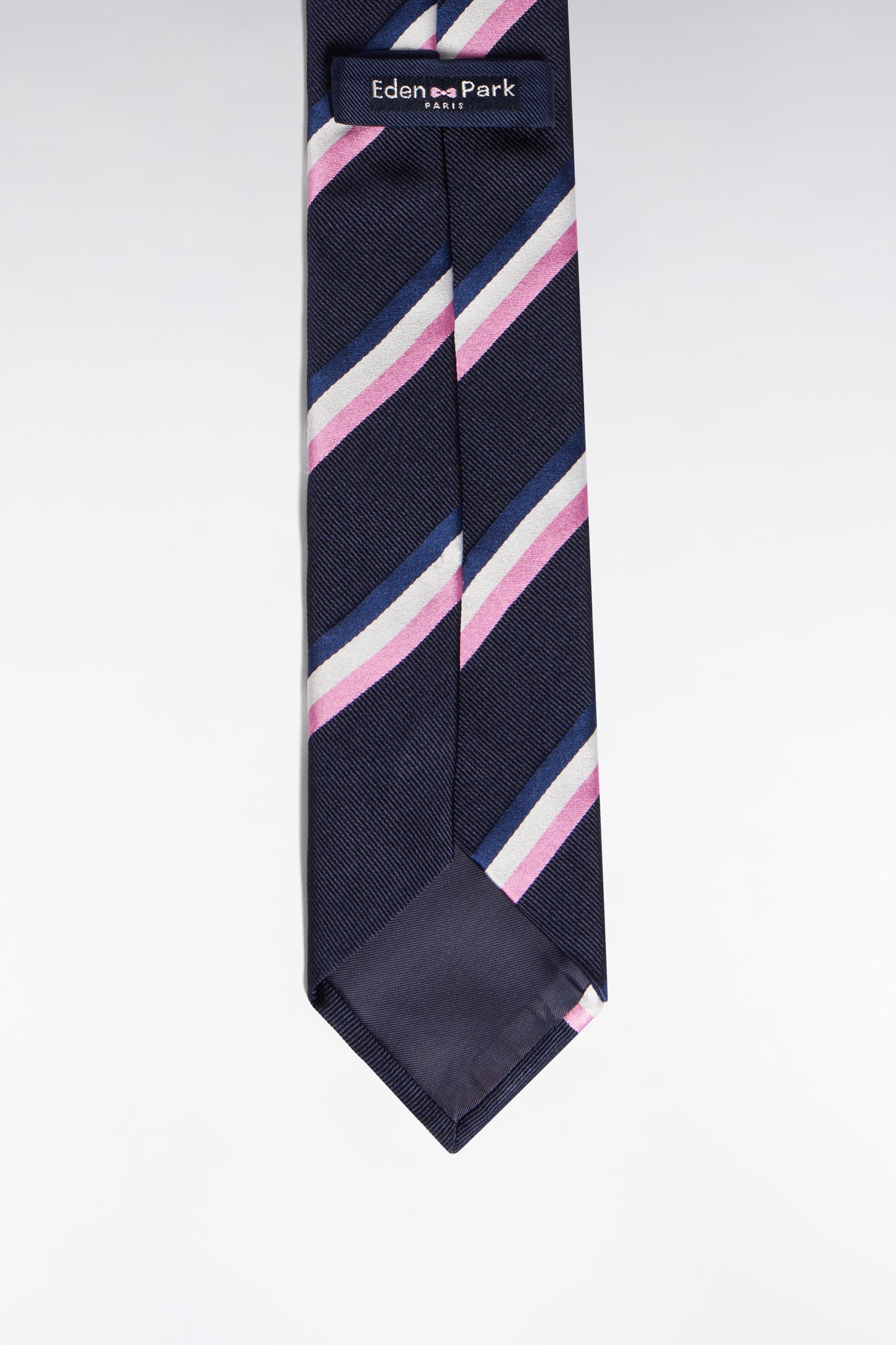 Navy silk tie with tricolored stripes
