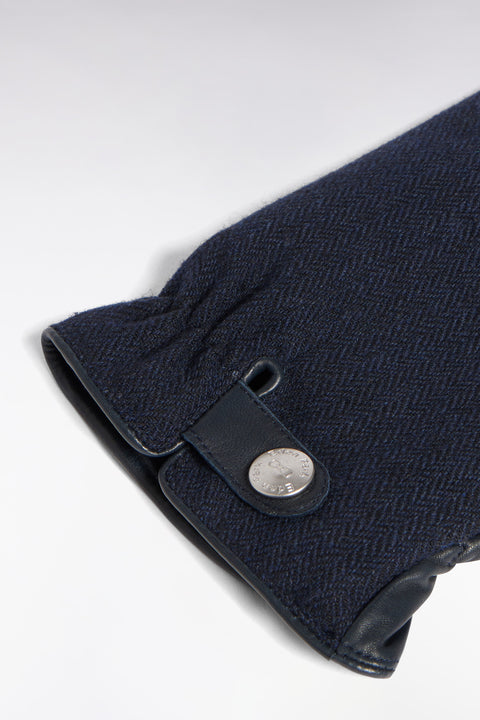 Leather and navy herringbone gloves - Image 2