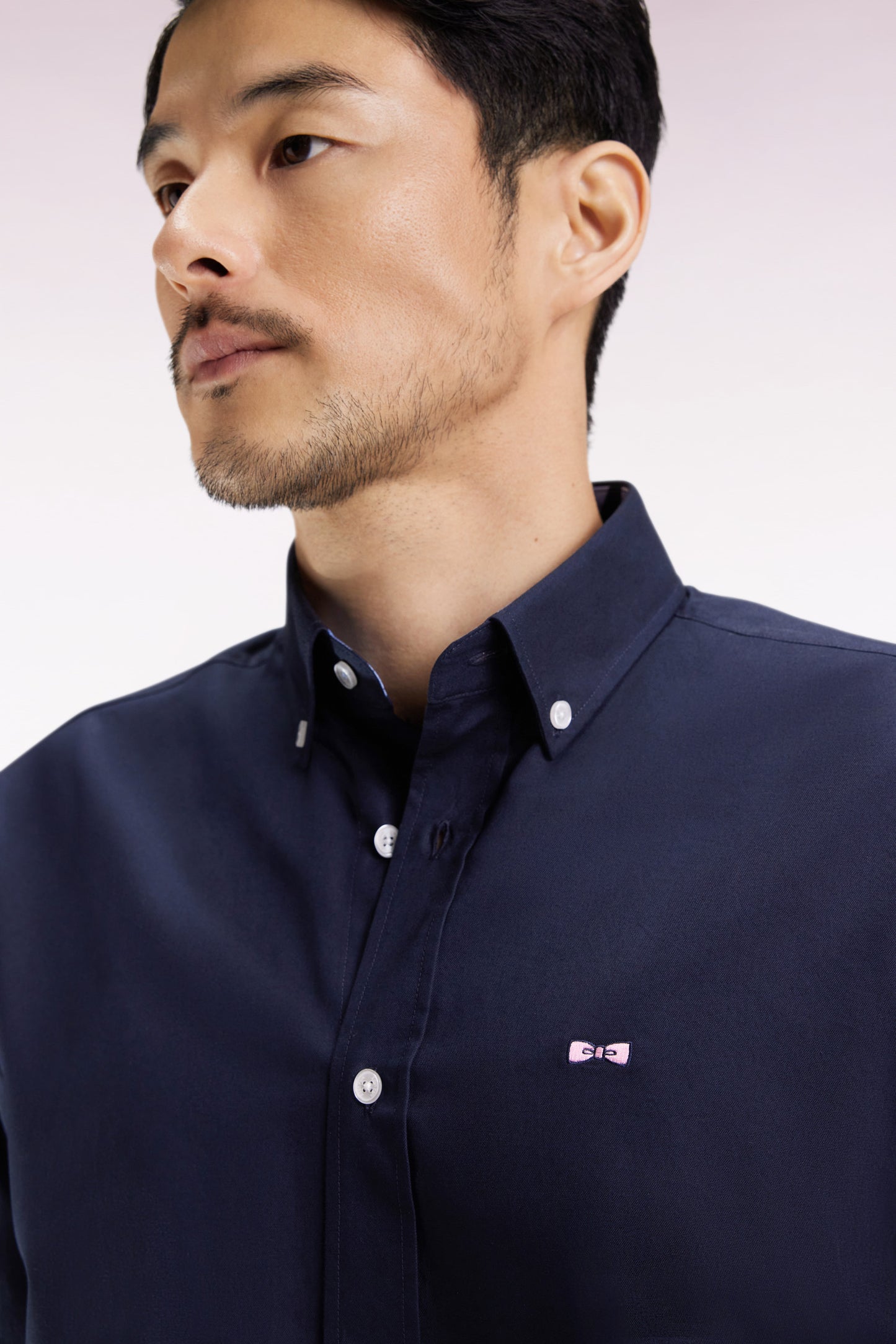 Navy cotton shirt with pink embroidery, straight cut