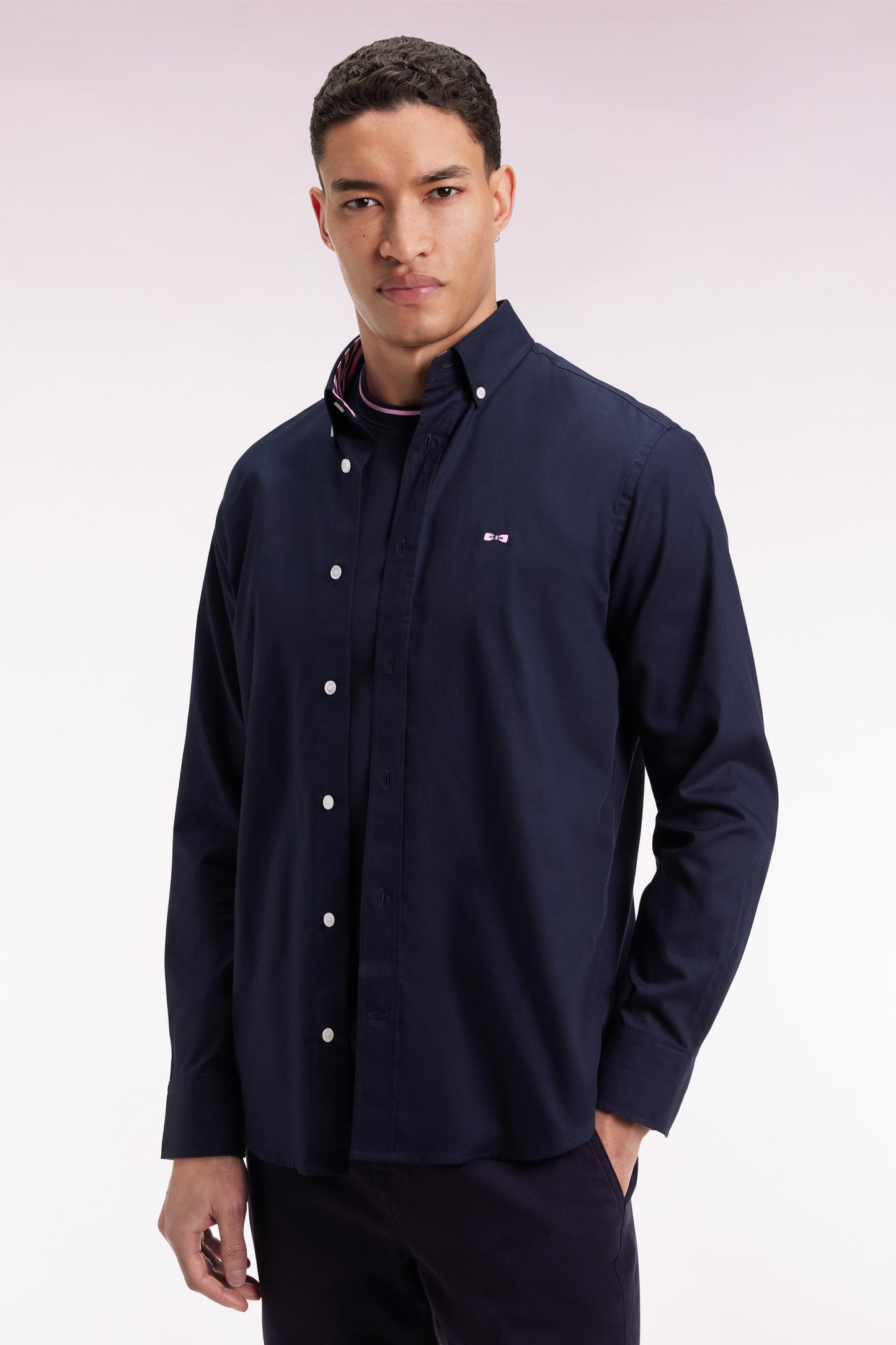 Navy pinpoint cotton shirt embroidery 10 back straight cut