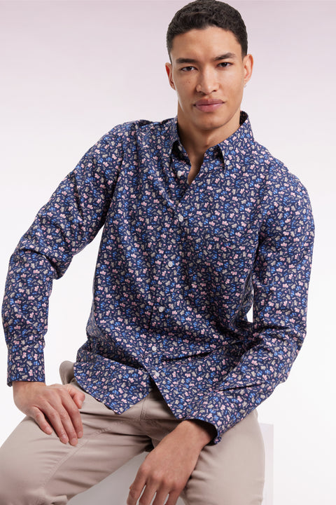 Chemise en coton bleu à micro-motifs fleurs coupe droite - Image 1