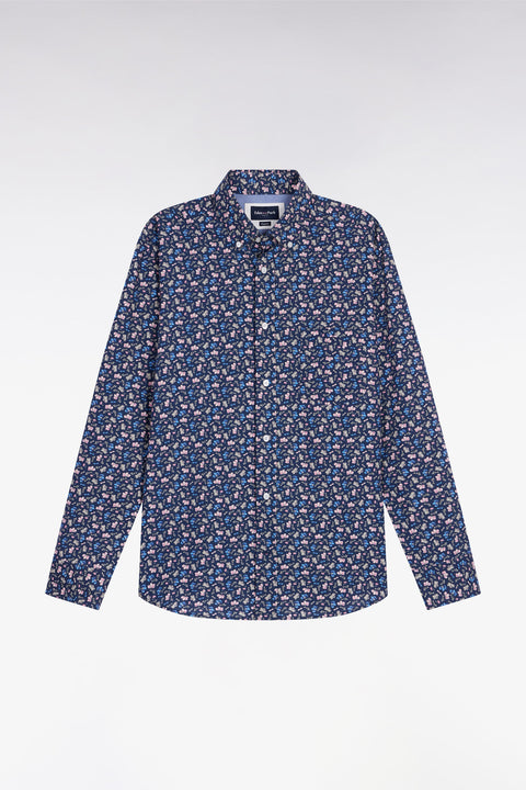 Chemise en coton bleu à micro-motifs fleurs coupe droite - Image 2