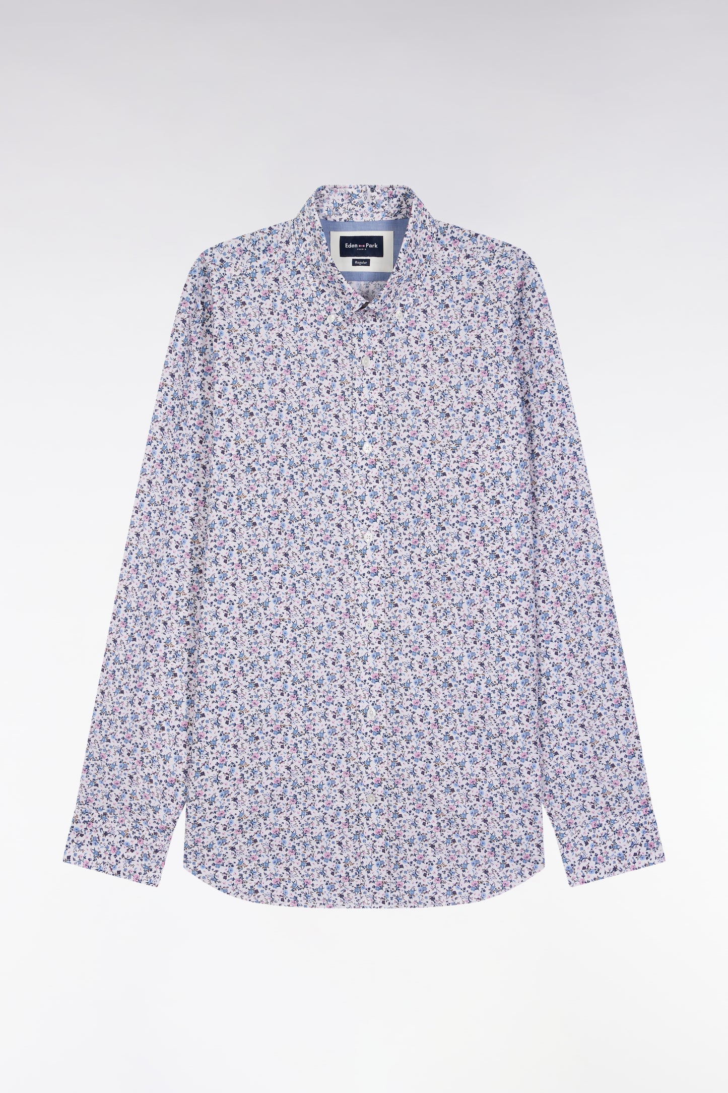 Chemise en coton beige à micro-motifs fleurs coupe droite