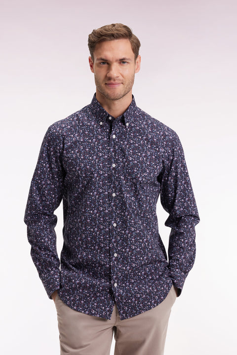 Chemise en coton marine à micro-motifs fleurs coupe droite - Image 1