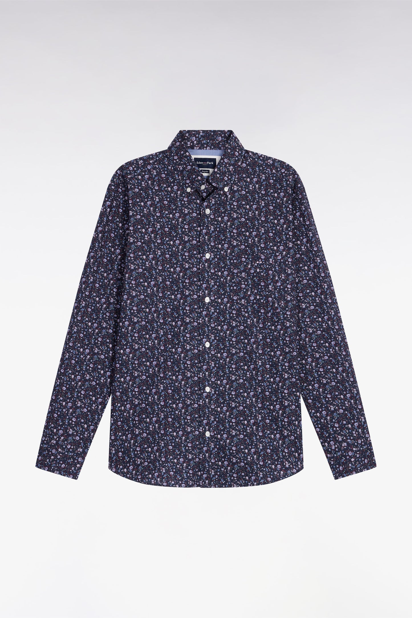 Chemise en coton marine à micro-motifs fleurs coupe droite