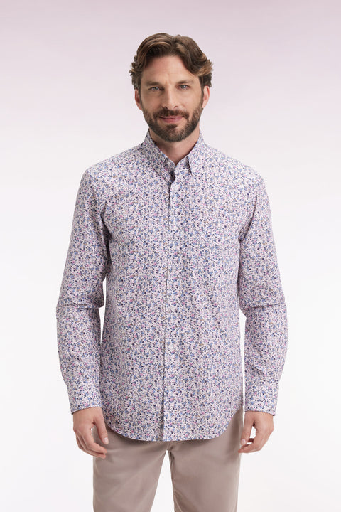 Chemise en coton beige à micro-motifs fleurs coupe droite - Image 1