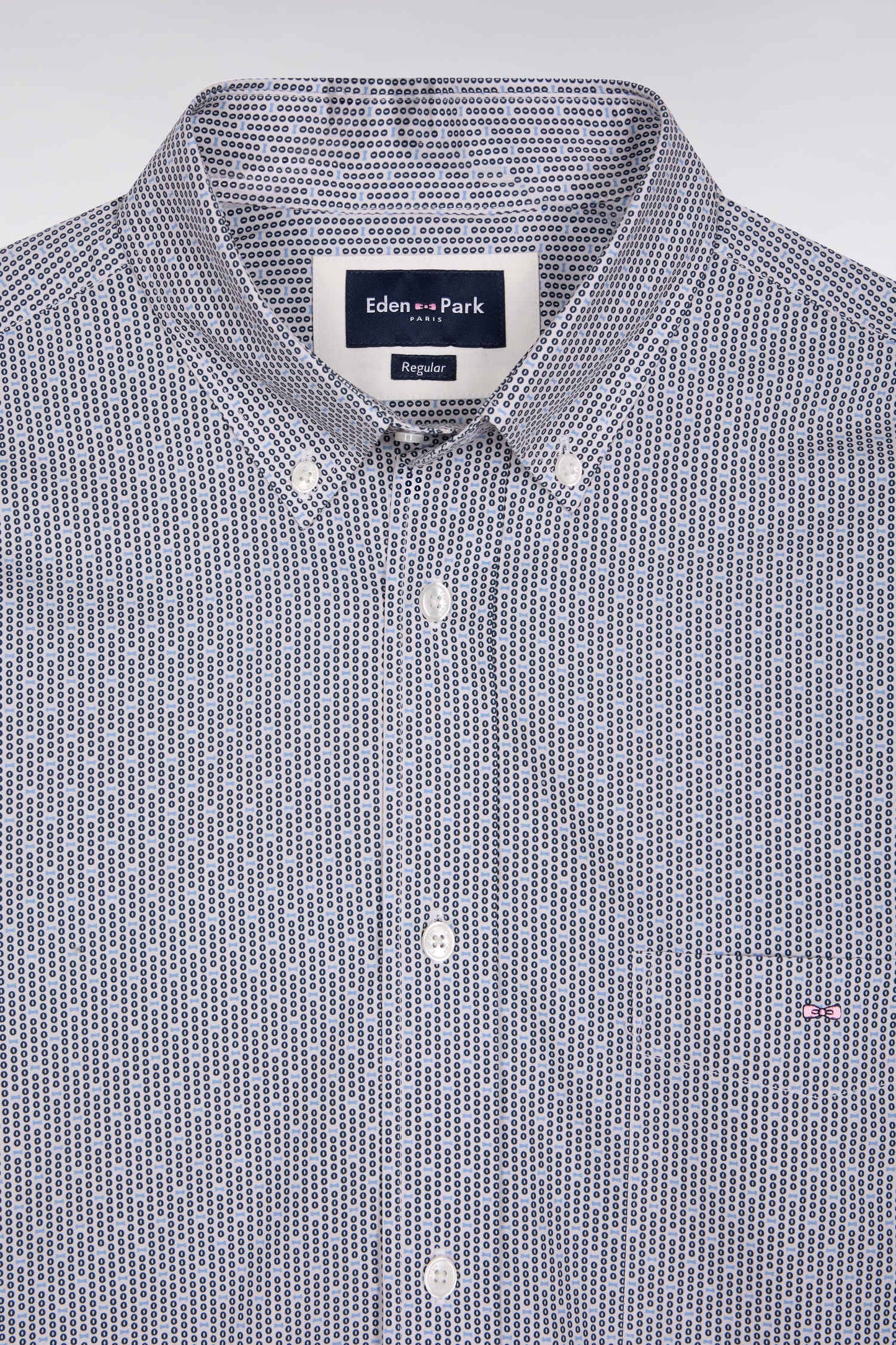 Cotton shirt with micro-patterned blue bow ties, straight cut