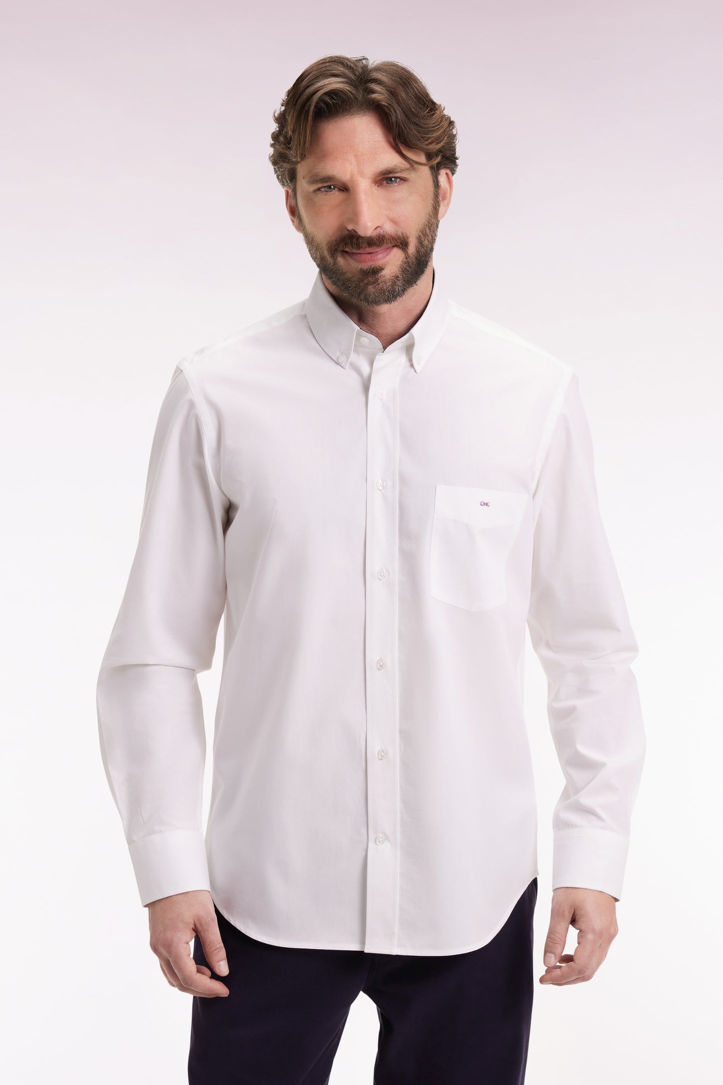 White cotton shirt with printed elbow patches, straight cut