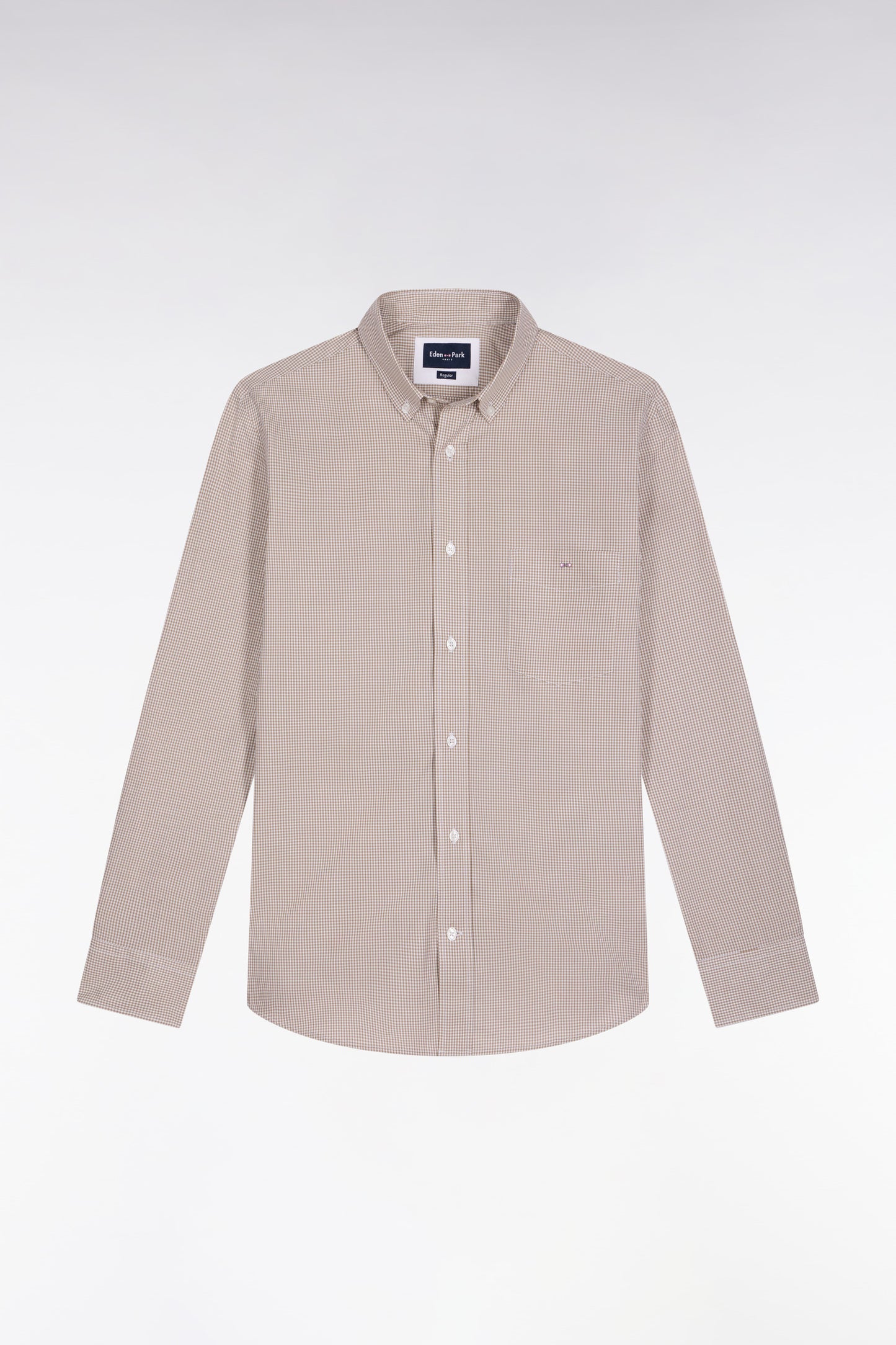 Chemise vichy en popeline de coton beige coupe droite