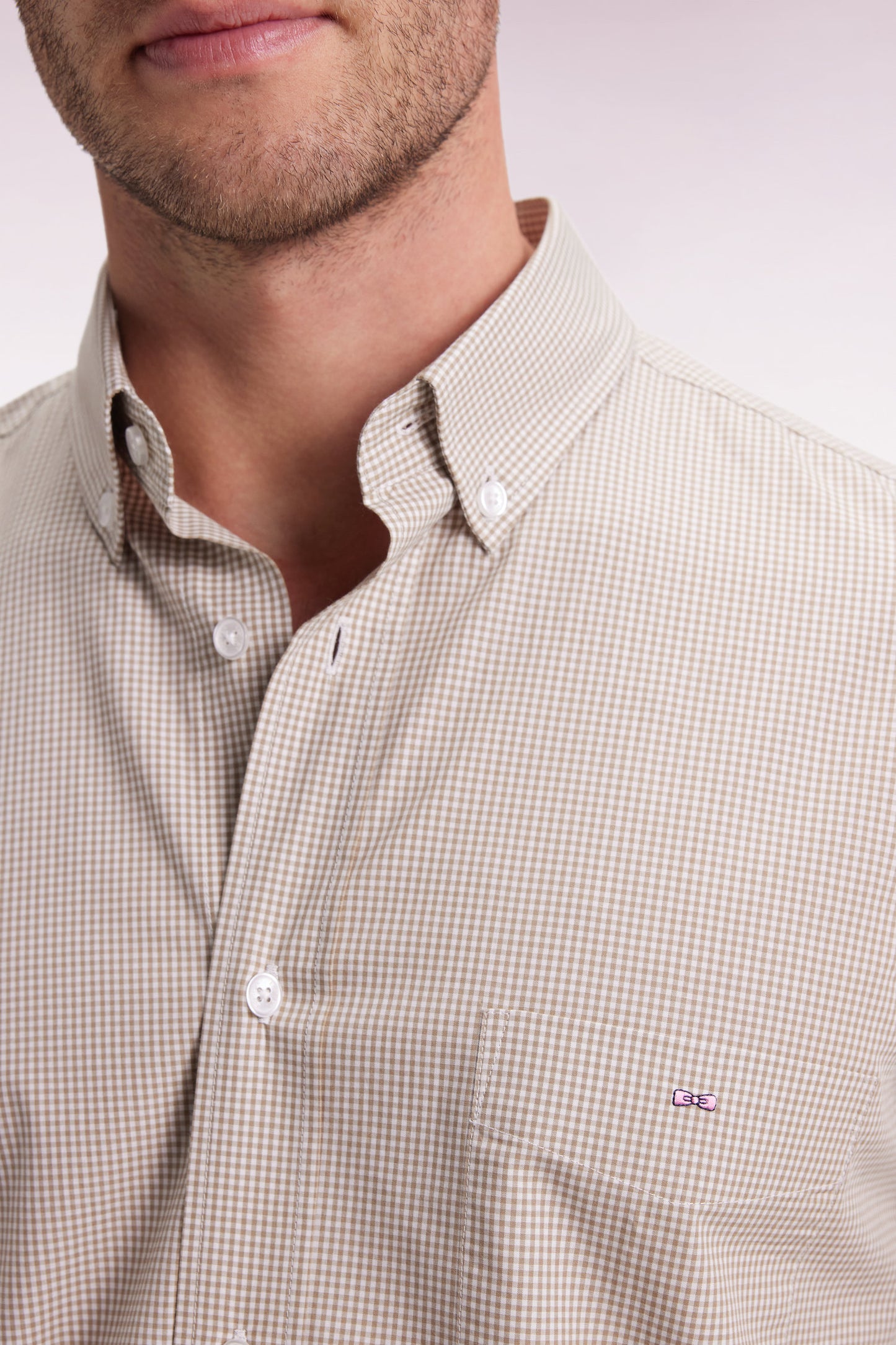 Chemise vichy en popeline de coton beige coupe droite