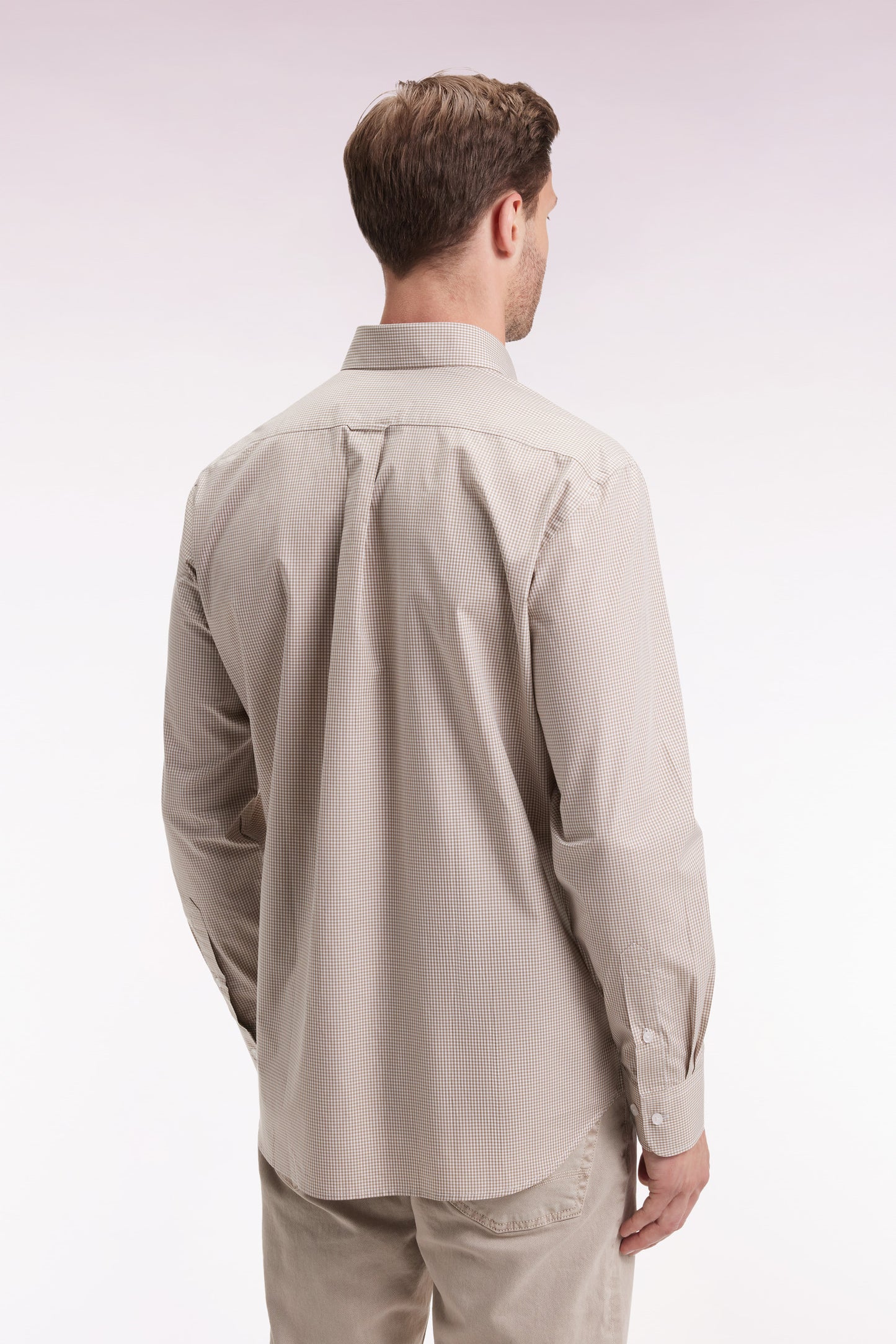 Chemise vichy en popeline de coton beige coupe droite