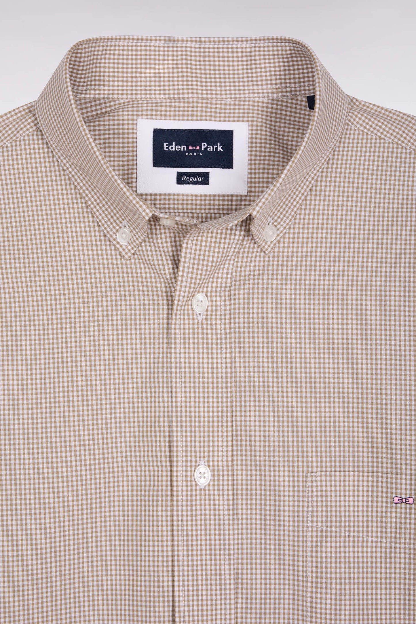Chemise vichy en popeline de coton beige coupe droite